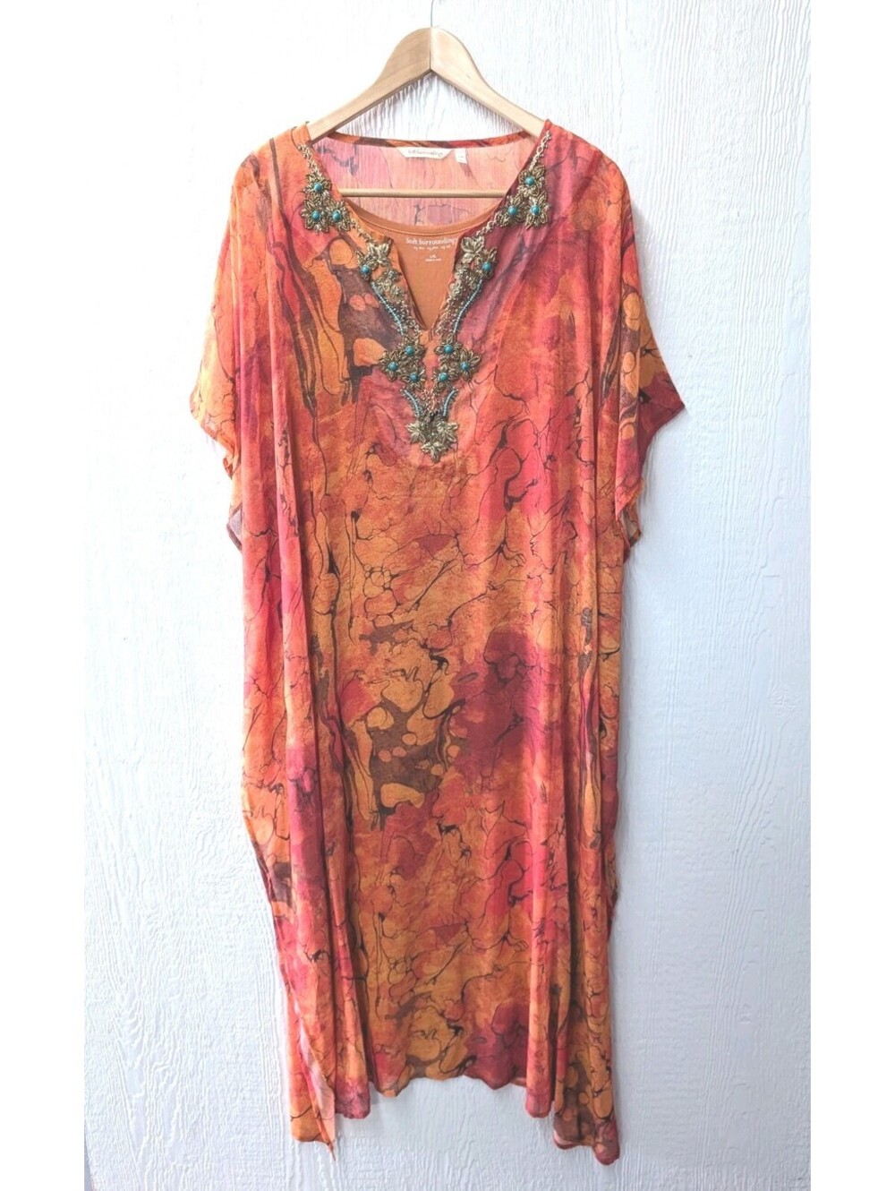 Soft Surroundings Kaftan Maxi Dress Beaded Orange Marbled Boho Beach Resort L/XL